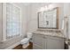 Stylish powder room with granite countertops and decorative window treatment at 3034 Lewis Farm Rd, Raleigh, NC 27607