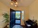Welcoming entryway with a black door, hardwood floors, and a view of the front yard at 313 W Noble St, Louisburg, NC 27549