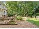 Backyard featuring a patio and area for gardening surrounded by mature trees at 3705 Old Post Rd, Raleigh, NC 27612