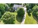 This aerial showcases the house with its manicured lawn, mature trees, and long driveway set back from the road at 4217 Grahamstone Rd, Raleigh, NC 27610