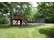 This backyard offers a treehouse, trampoline, and playset, creating a fun and active space for children at 4217 Grahamstone Rd, Raleigh, NC 27610