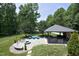 Expansive backyard featuring an outdoor kitchen, stone patio with a firepit, and lush landscaping at 4217 Grahamstone Rd, Raleigh, NC 27610