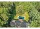 Aerial view of backyard swimming pool, lush green lawn, and mature trees surrounding the property at 5414 Ventoria Rd, Durham, NC 27712