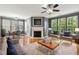 Spacious living room featuring hardwood floors, fireplace, and natural light at 5503 Silver Moon Ln, Raleigh, NC 27606