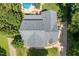 Aerial view showcases the home's roof and surrounding landscape and pool area at 5712 Turner Store Ln, Raleigh, NC 27603