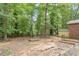 View of the wooded backyard featuring mature trees, landscaping, and a storage shed, with partial view of the brick home at 809 Valerie Dr, Raleigh, NC 27606