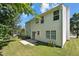 A well maintained grassy backyard with a concrete patio for outdoor dining at 105 Leacroft Way, Durham, NC 27703