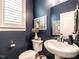 Elegant powder room featuring navy blue walls, pedestal sink, decorative mirror, and stylish decor at 1610 Draper View Loop # 101, Raleigh, NC 27608