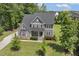 Charming two-story home with stone and gray siding, manicured lawn, and tasteful landscaping at 1625 Banks View Dr, Raleigh, NC 27603