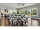 Spacious living room with gray sectional, stylish chairs, and sliding glass doors leading to the backyard at 1625 Banks View Dr, Raleigh, NC 27603