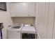 Functional laundry area with modern washer and dryer units, white cabinets, and storage space at 167 Sequoia Dr, Timberlake, NC 27583