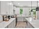 Elegant kitchen with white cabinetry, stainless steel appliances, large island, and easy access to a deck at 1824 Irish Blvd, Sanford, NC 27332