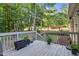 Spacious back deck with wooden railings, wooded views and an outdoor planter with decorative plants at 200 Holly Branch Dr, Holly Springs, NC 27540