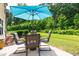 Backyard patio seating area with a blue umbrella overlooking the large yard and green foliage at 238 Lynchwick Ln, Durham, NC 27703