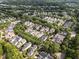 Wide aerial view of a neighborhood with mature trees and well-spaced homes under a sunny sky at 4001 Falls River Ave, Raleigh, NC 27614
