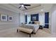 Tranquil main bedroom with trey ceiling, plush carpet, and a large bed with decorative pillows at 4001 Falls River Ave, Raleigh, NC 27614