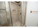 Tiled shower with glass doors and built-in shower niche at 5464 Bass Mountain Rd, Snow Camp, NC 27349