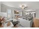 Open-concept living room with hardwood floors, stylish sofas, and a glimpse into the kitchen, creating a spacious feel at 601 Richlands Cliff Dr, Youngsville, NC 27596
