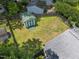 Aerial view of a partially grassy backyard with shed and privacy fence at 101 Goldston Dr, Carrboro, NC 27510