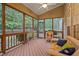 Inviting screened porch with wood floors, ceiling fan, and comfortable seating with views of the backyard at 1040 Bellenden Dr, Durham, NC 27713