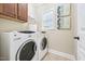 Functional laundry room featuring a modern washer and dryer set with decorative art, a window and upper cabinets at 1090 Indigo Ridge Pl, Cary, NC 27519