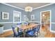Elegant dining room boasts a wooden table, blue chairs, and access to the kitchen at 1104 Englewood Ave, Durham, NC 27701