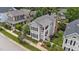 Stunning aerial view of a gray two-story home with a welcoming porch, manicured yard, and lush landscaping at 124 Kingsport Rd, Holly Springs, NC 27540