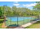 Community tennis courts lined with tall pine trees and equipped with lights for evening play at 150 Saint Mellion St, Raleigh, NC 27603