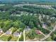 Aerial view showcases house with a pool, patio, and manicured lawn nestled in the neighborhood amongst mature trees at 171 St. Jiles Dr, Clayton, NC 27520