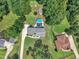 Aerial view showcases private backyard with pool, patio and manicured lawn amongst mature trees at 171 St. Jiles Dr, Clayton, NC 27520