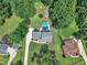 An aerial view shows a home with a pool and large manicured backyard nestled among lush trees at 171 St. Jiles Dr, Clayton, NC 27520