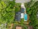 A bird's-eye view of the property showcasing the layout, swimming pool, and lush landscaping at 3516 Swift Dr, Raleigh, NC 27606