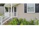 Close-up of a charming front porch, showcasing a white railing and beige siding at 427 Elm Ct, Burlington, NC 27217