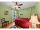 Cozy bedroom featuring a ceiling fan and a painted tree mural at 116 Lost Tree Ln, Cary, NC 27513