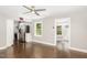 Open-concept living area with dark wood floors at 1401 Robinhood Rd, Durham, NC 27701