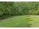 Lush backyard with green grass, mature trees, and a paved path for scenic walks at 160 Chandler Springs Dr, Holly Springs, NC 27540
