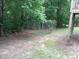 Natural backyard scene with trees, a chain-link fence, and part of a wooden deck at 221 Hickory Glen Ln, Durham, NC 27703