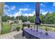 Charming back deck with patio furniture, string lights, and a view of the lush backyard landscape at 272 W Gennessee Dr, Zebulon, NC 27597