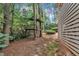 Features a large backyard with a unique, elevated treehouse, complemented by lush greenery and natural woodland elements at 3205 Dell Dr, Raleigh, NC 27609