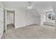 Carpeted bedroom featuring a ceiling fan, recessed lighting, and entry door at 35 Stratton Ct, Youngsville, NC 27596