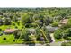 An aerial view displays this well-maintained property with mature trees and a storage shed in the backyard at 620 Red Carriage Ave, Durham, NC 27704