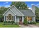 Charming single-story home with tidy landscaping, blue siding and a brick walkway leading to the front door at 8 Great Oak Ct, Durham, NC 27713