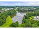 Breathtaking aerial view of the community with a large lake surrounded by trees at 8151 Rhiannon Rd, Raleigh, NC 27613