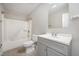 Functional bathroom featuring a shower-tub combo and a single-sink vanity at 816 Kimpton Ct, Fuquay Varina, NC 27526