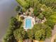Aerial view of the community pool, lake and surrounding green spaces at 2 Lake Village Dr, Durham, NC 27713