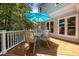 Wooden back deck featuring an outdoor dining set with seating for four, as well as partial shade from the trees at 200 Frenchmans Bluff Dr, Cary, NC 27513