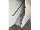 Carpeted staircase with dark wood railing and trim. Hardwood flooring at the base at 3105 White Blossom Ct, Raleigh, NC 27610