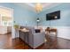 Living room with hardwood floors, console table, and blue walls with white trim at 3901 Phlox Rd, Raleigh, NC 27616