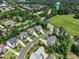 Aerial view of a residential neighborhood showcasing well-maintained homes, lush greenery, and a community water tower at 4104 Green Chase Way, Apex, NC 27539