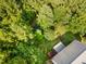 Aerial view showcasing the property with its wooded surroundings and outdoor firepit at 457 Poplar Forest Ln, Pittsboro, NC 27312